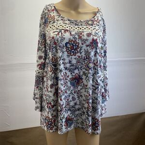 Naif XL 3/4 sleeve blue red paisley floral top blouse career casual cruise tunic